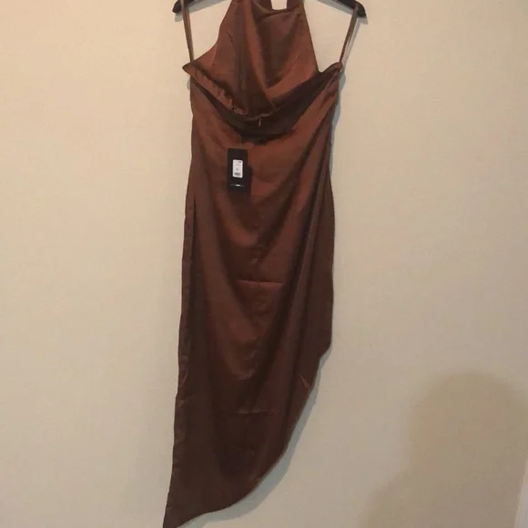 Brown Satin Fashion Nova Spilt Dress - Picture 3 of 5